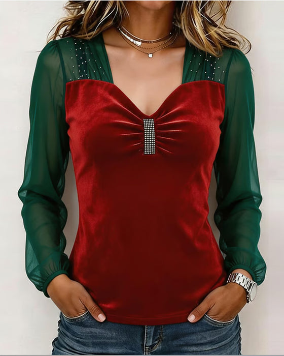 Bluse V-Hals Rynket Net Farveblok Slim Pasform