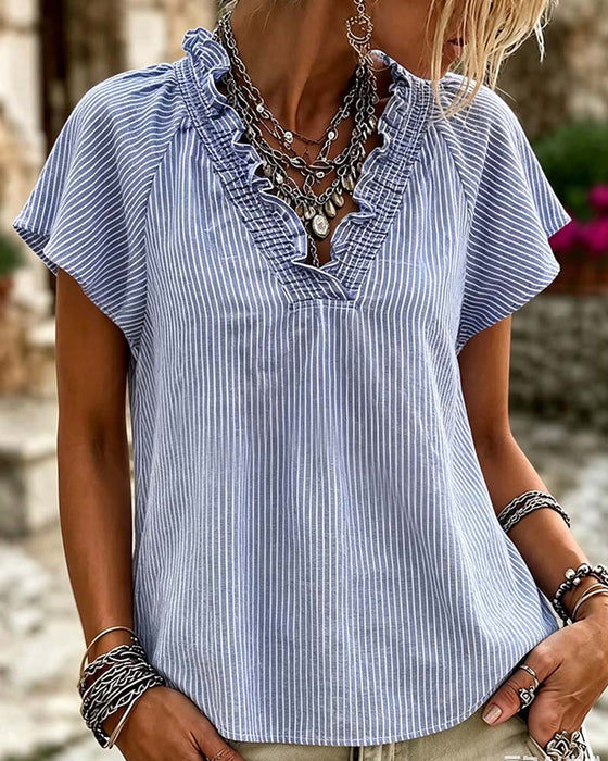 Bluse V-Hals Stribe Ruffle
