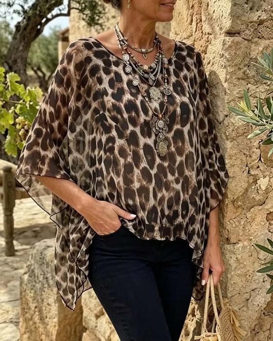 Bluse Leopard Flagermus-Ærme Løs