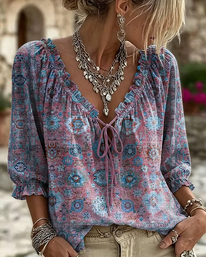 Bluse V-Hals Bindebånd Vintage Tryk