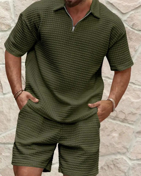 Set Polo Krave Lynlås Vaffel Tekstur Shorts