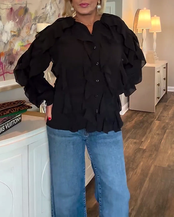 Luftig Ensfarvet Skjorte Med Flæser