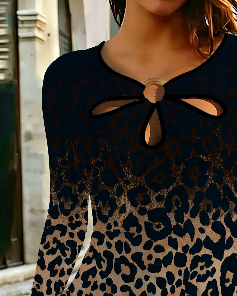 Top Hul Rund Hals Gradient Leopardmønster