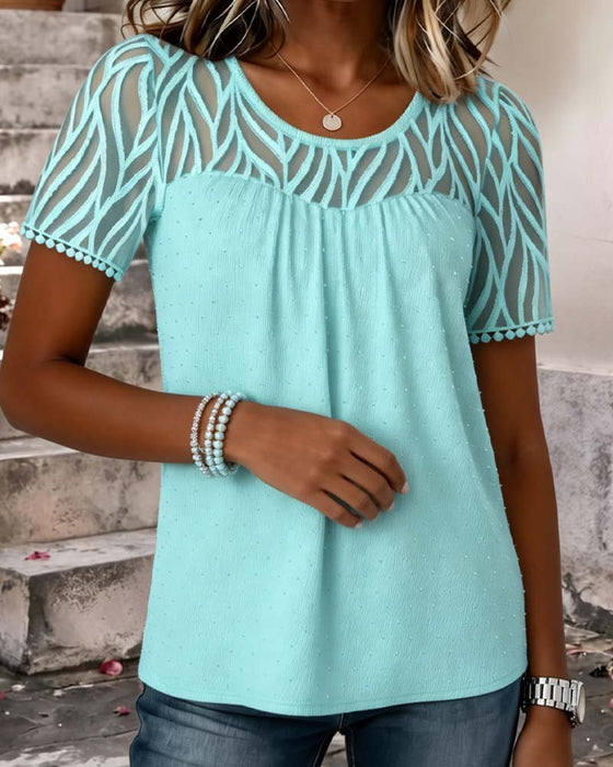 Bluse Mesh Patchwork Solid Farve