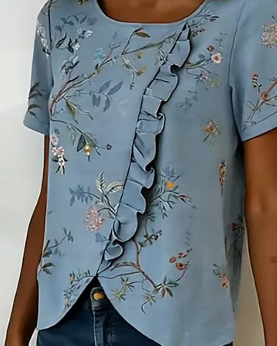 Bluse Rundhals Korte Ærmer Rynke Blomstret