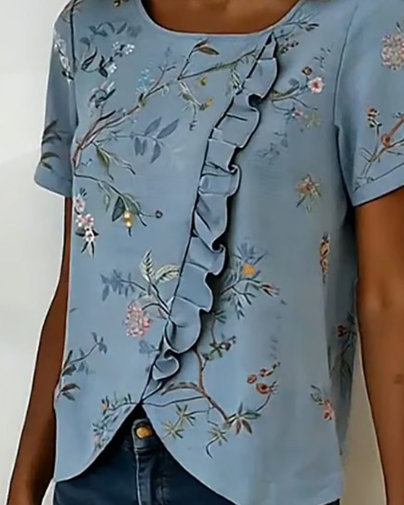Bluse Rundhals Korte Ærmer Rynke Blomstret