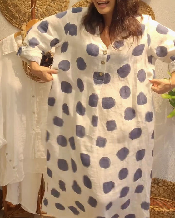 Kjole afslappet løs langærmet polkaprikket