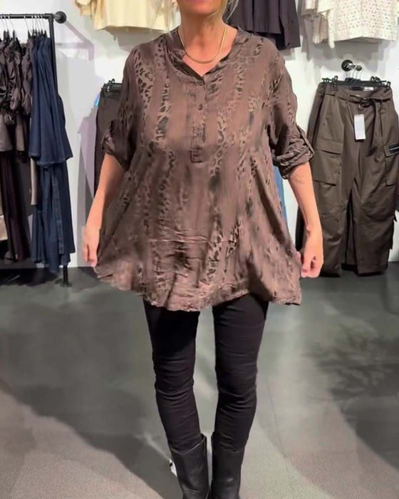 Bluse V-Hals Knap Foran Leopard Tryk Afslappet
