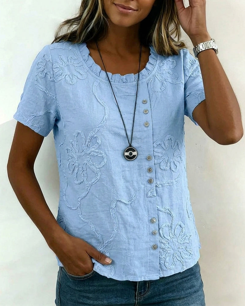 Bluse Tekstureret Blomstret Sideknap