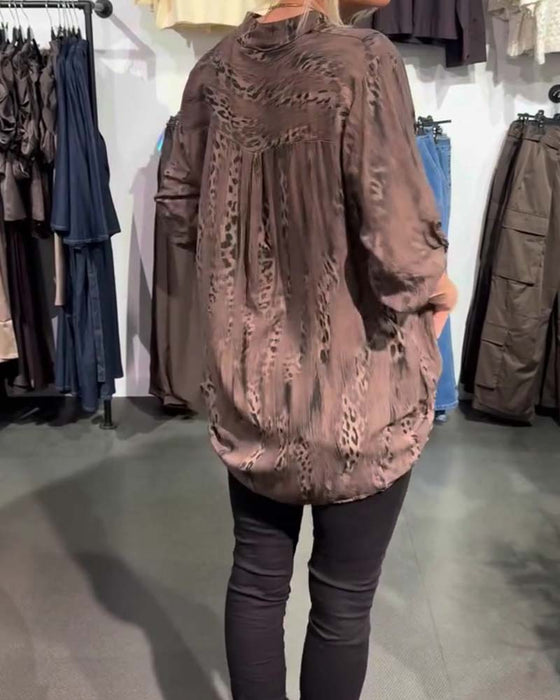 Bluse V-Hals Knap Foran Leopard Tryk Afslappet