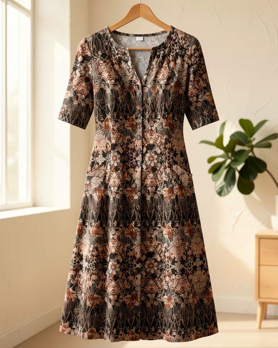 Kjole V‑hals Tryk Patchwork Halvlangærme