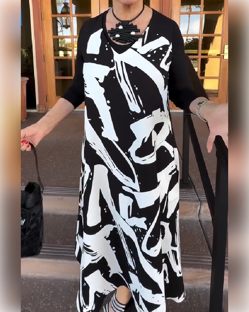 Kjole Langærmet Patchwork Trykt