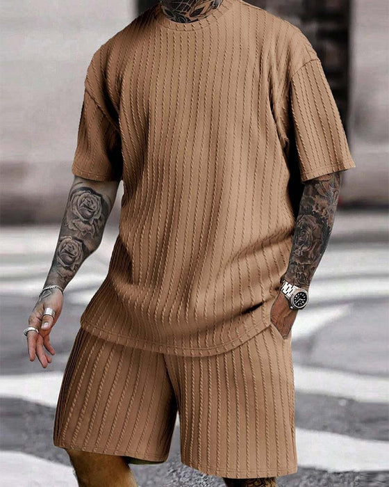 Herres Striberet T-Shirt Og Shorts Toedelt Set