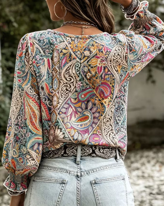 Bluse V-Hals Bohemian Bobble Ærme