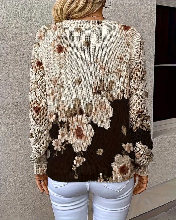Sweater V-hals Blomstertryk Hulstrikket