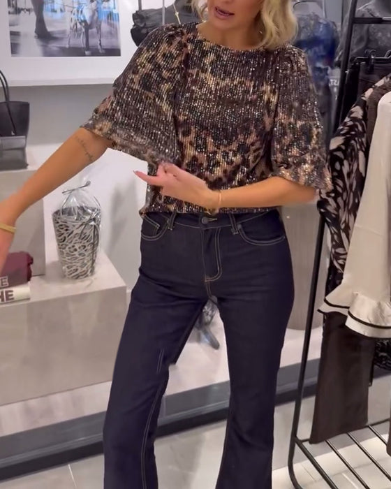 Bluse Med Lanterneærmer Pailletter Leopardprint