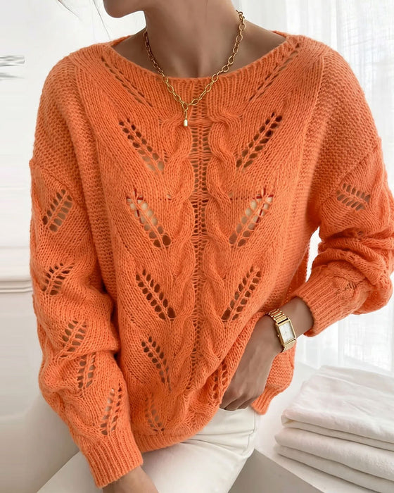 Pullover Rund Hals Drop Skulder Udskæring Solid Strikket