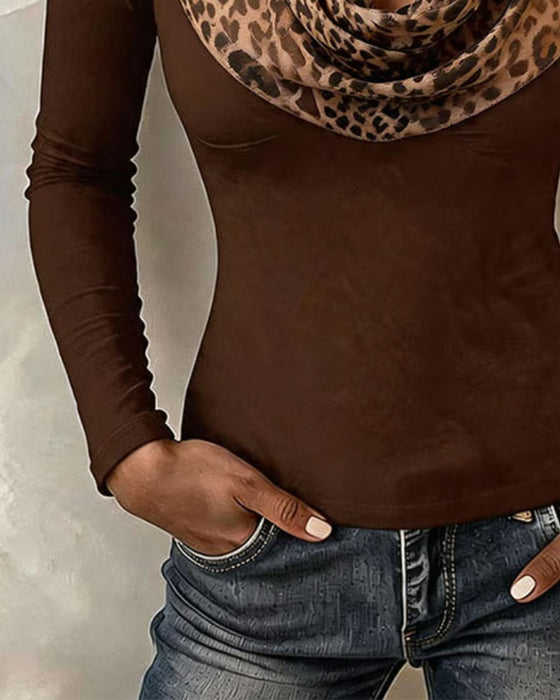 Top Cowl Neck Leopard Patchwork Tætsiddende
