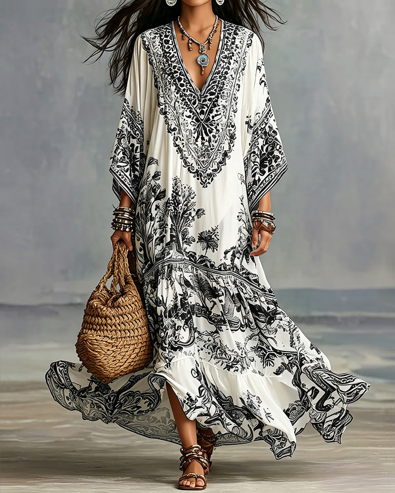 Kjole V-Hals Bohemian Udvidet Asymmetrisk