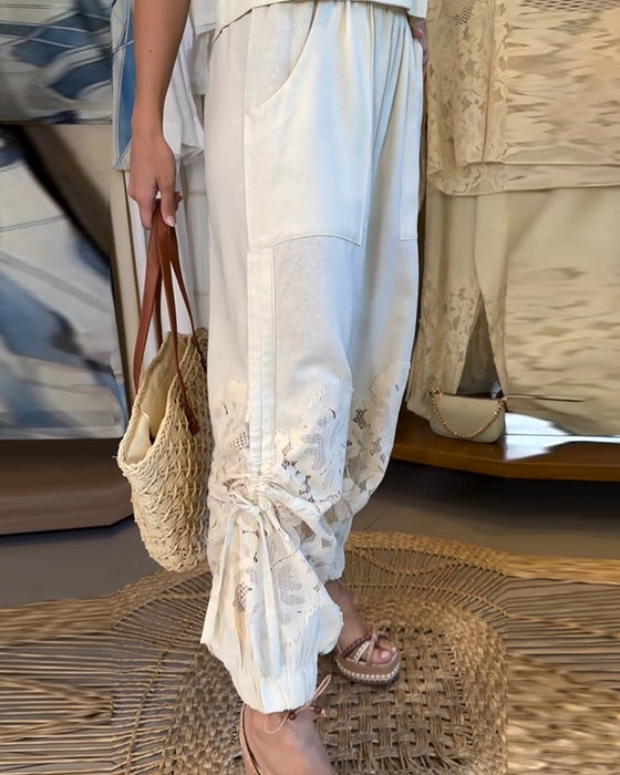 Pants Ensfarvet Blonder Patchwork Rynket Lang