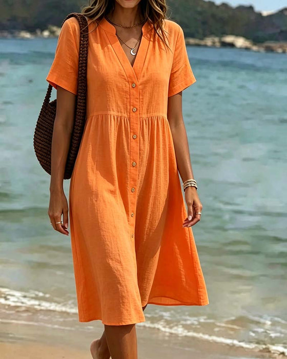 Kjole V-hals Knappelukning Resort Stil