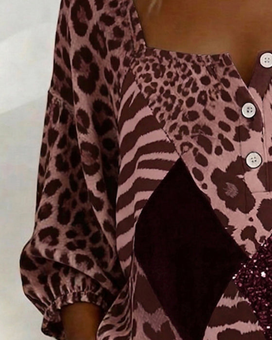 Bluse Firkantet Hals Leopardprint Patchwork Paljet