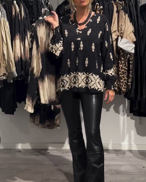 Skjorte v-hals lanterne ærme printet