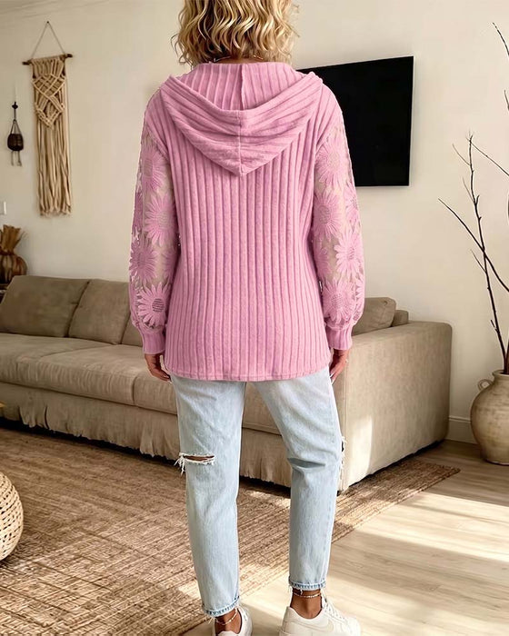 Bluse Hætte V-Hals Blonder Patchwork Ribbet