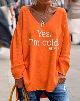 Sweater V-hals Bogstavtryk Løs Casual