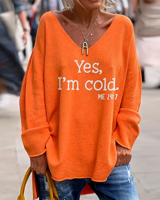 Sweater V-hals Bogstavtryk Løs Casual