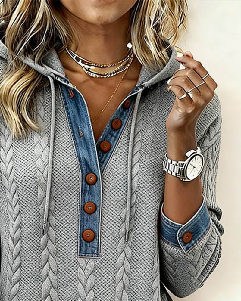 Farveblokeret Langærmet Hættetrøje Med Knapper