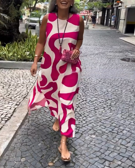 Rund Hals Ærmløs Kjole Med Geometrisk Tryk