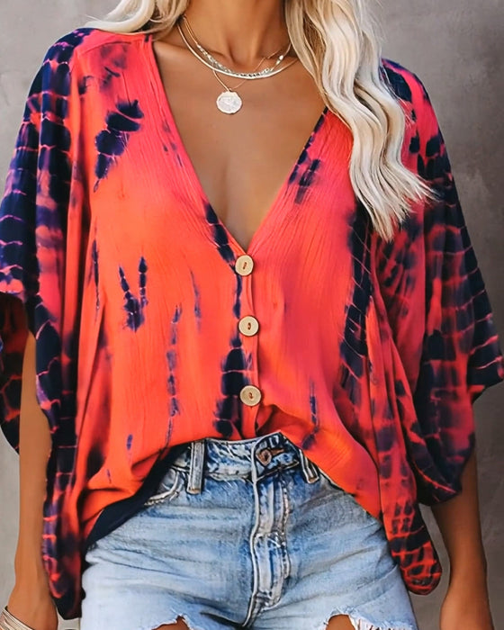 Bluse V-Hals Tie-Dye Casual