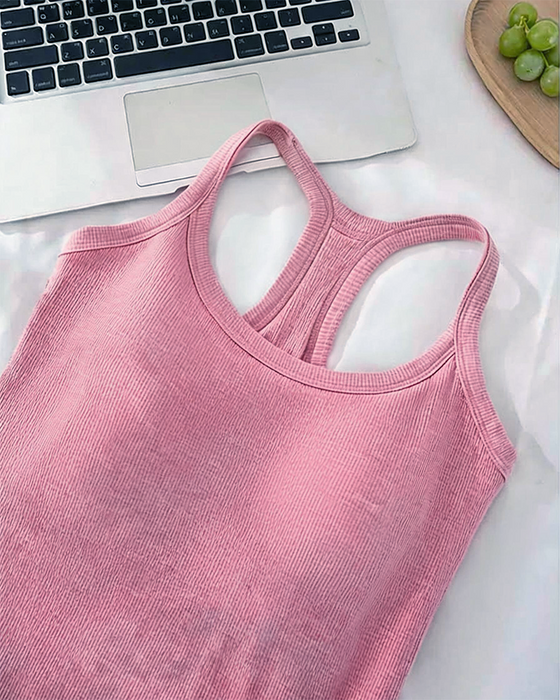 Tanktop Indbygget Bh Ribstrikket Ensfarvet