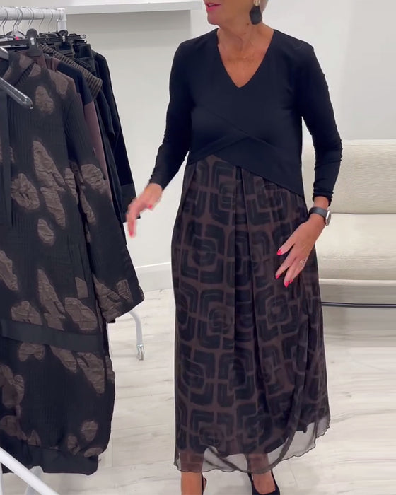 Kjole V-Udskæring Langærmede Patchwork