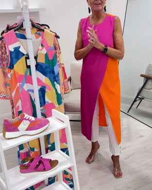 Bluse Uden Ærmer Kontrastfarve Slids Lang