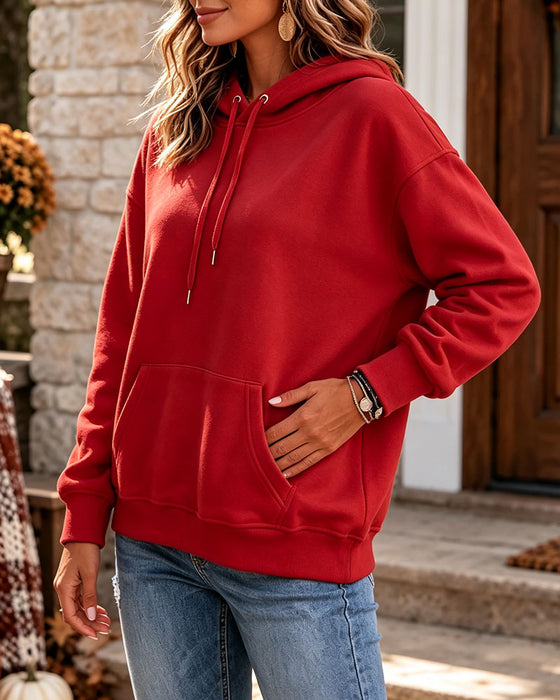 Hoodie Ensfarvet Casual Lomme