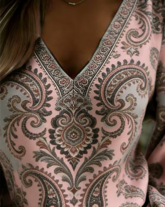 Bluse Paisley Mønster V-Hals Lanterne Ærme