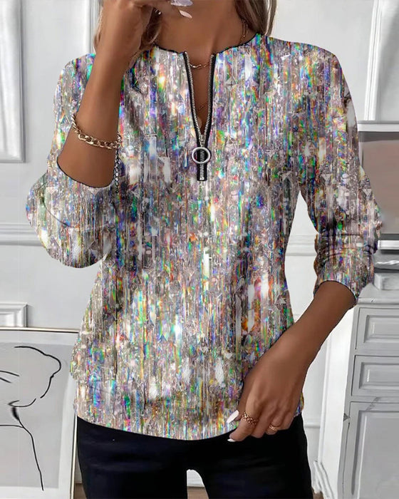 Trykt Langærmet Sweatshirt Med Halvlynlås