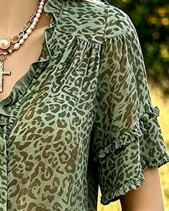 Bluse Grøntone Leopard Tryk Ruffle