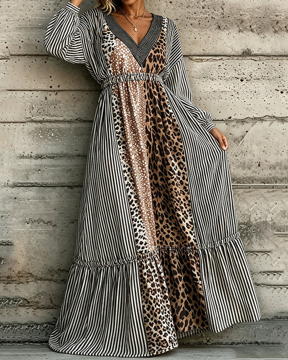 Kjole V-Hals Stribet Leopardprint Patchwork