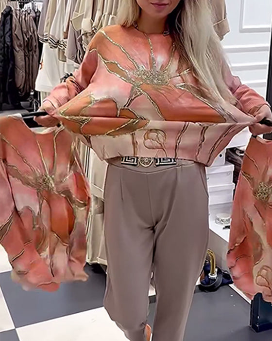 Rund Hals Printet Løs Sweater