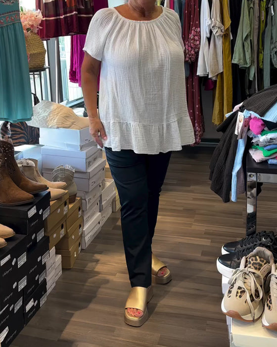 Bluse Rund Hals Rynket Afslappet Solid