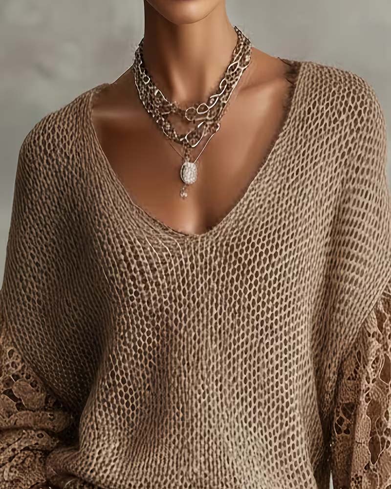 Pullover Blonde Udskæring Patchwork Lanterneærme
