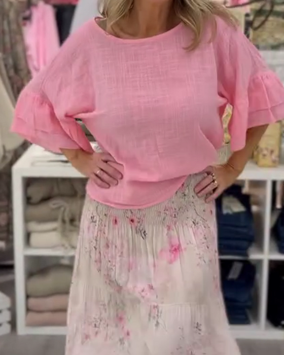 Bluse Loose Fit Rundhals Rynkeærme