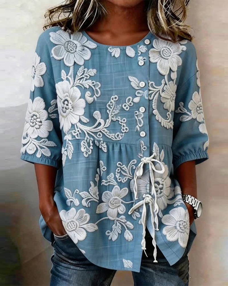 Bluse Med Blomsterprint Snøring Og Halv Knaplukning