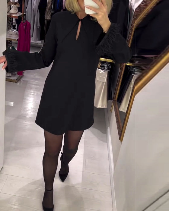 Ensfarvet Lige Skåret Langærmet Kjole