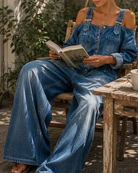 Jumpsuit Spagettibånd Kold Skulder Bred Ben Denim