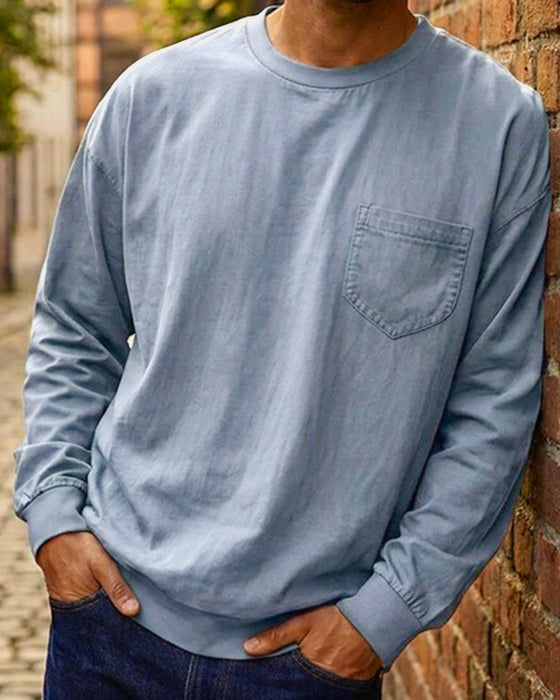 Herre T-Shirt Rund Hals Lomme Ensfarvet