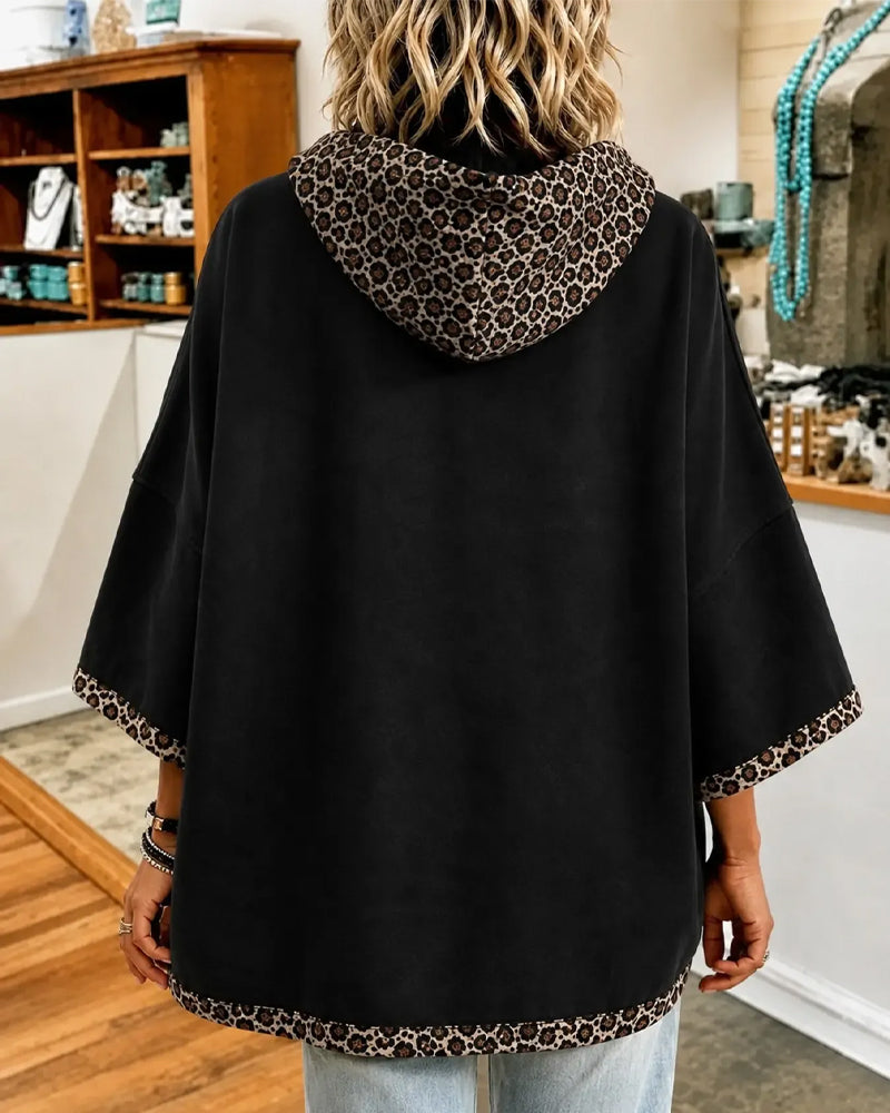 Hættetrøje Leopardmønster Patchwork Med Hætte 3/4 Ærme